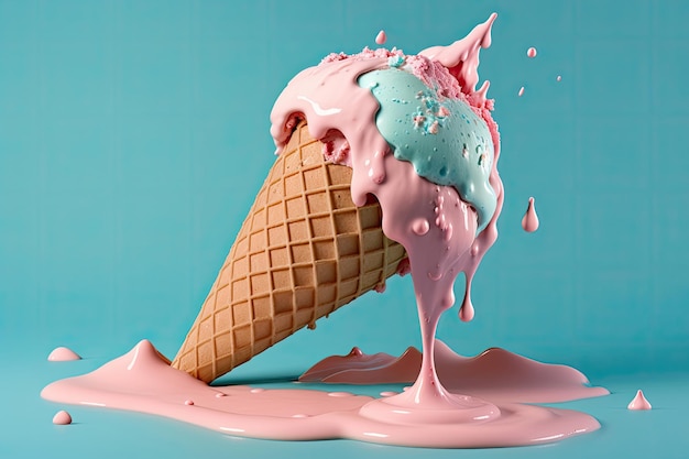 Pink ice cream melting and spilling from the waffle cone Illustration AI Generative