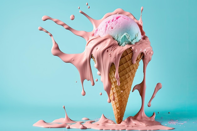 Pink ice cream melting and spilling from the waffle cone Illustration AI Generative