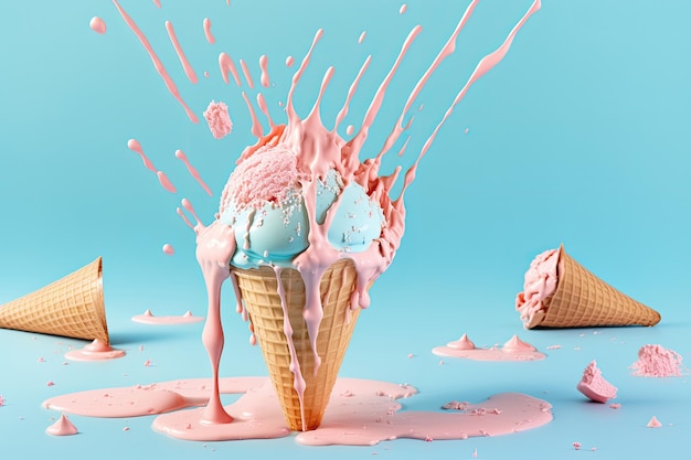 Pink ice cream melting and spilling from the waffle cone Illustration AI Generative