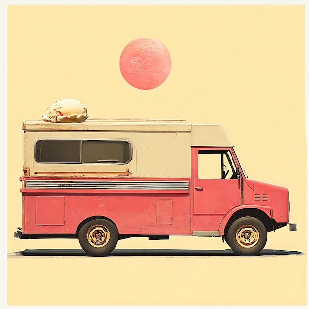 Photo pink ice cream truck with a giant ice cream cone on top against a pastel yellow background