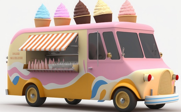 A pink ice cream truck with a yellow and pink striped awning.