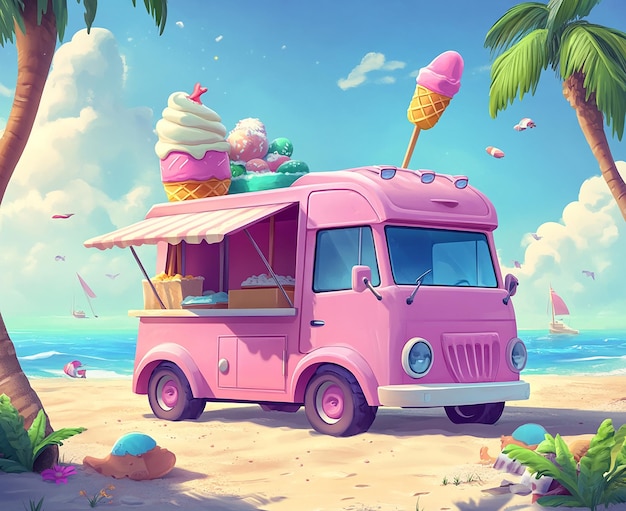 Photo a pink ice cream van with ice cream on top of it