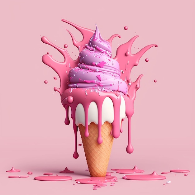 A pink ice cream with pink icing and a pink cone with the word ice cream on it.