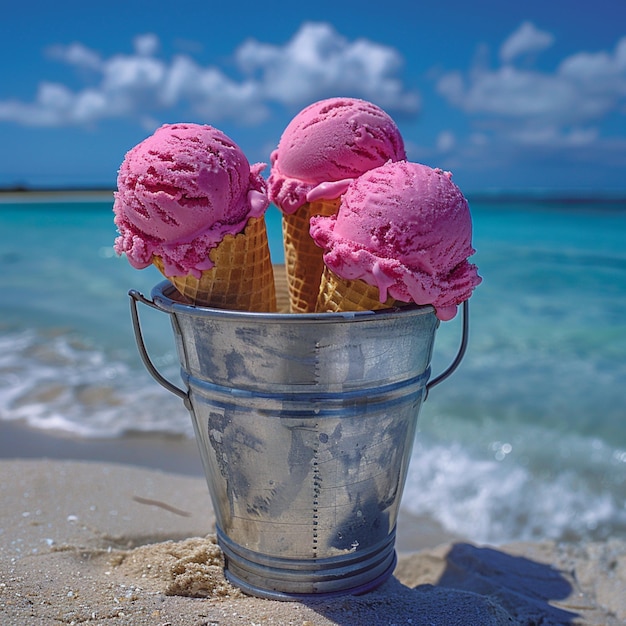 pink ice creams in a bucket on a beach with the word ice cream on it