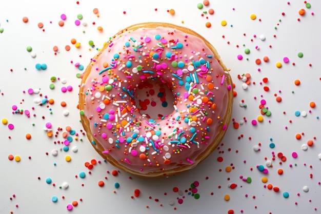 Photo pink iced donut with colorful sprinkles