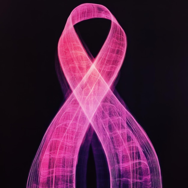 Pink illuminated ribbon symbolizing breast cancer awareness on black background