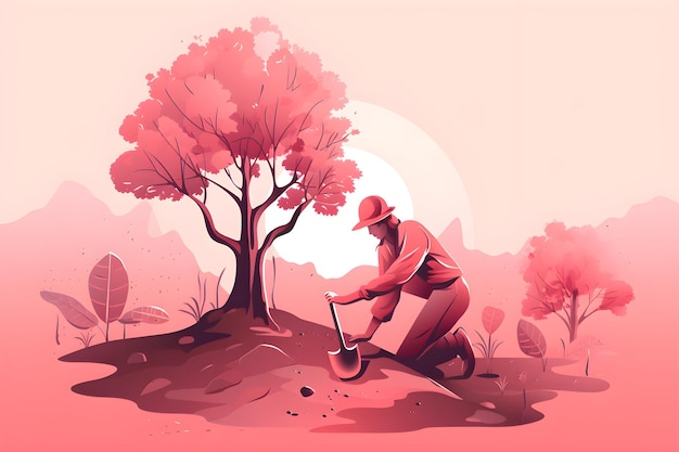 A pink illustration of a man plant tree