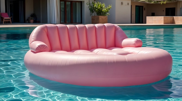 pink inflatable couch in a pool with azure water