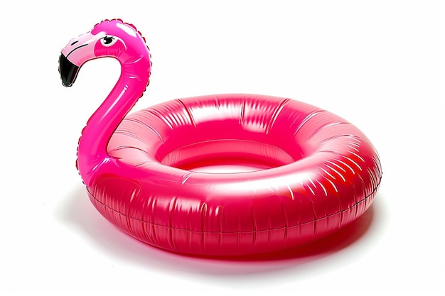 Pink inflatable flamingo swimming pool ring summer season on white background Creative art Contemporary style Banner background