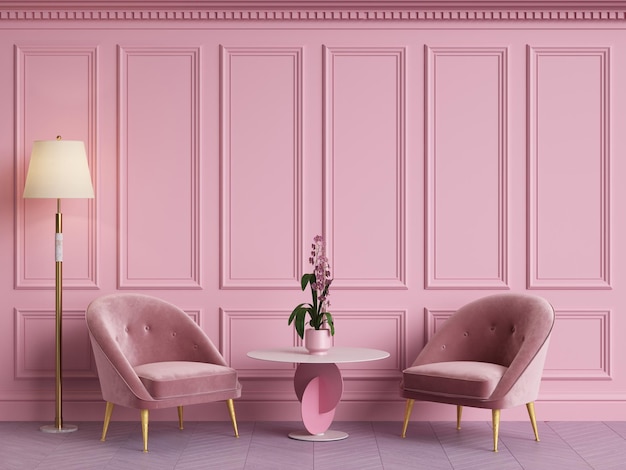 Pink interior conceptClassic furniture in classic interior with copy spaceWalls with ornated mouldingsFloor parquetDigital Illustration3d rendering