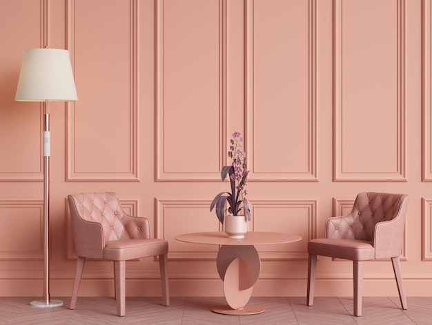 Pink interior conceptClassic furniture in classic interior with copy spaceWalls with ornated mouldingsFloor parquetDigital Illustration3d rendering