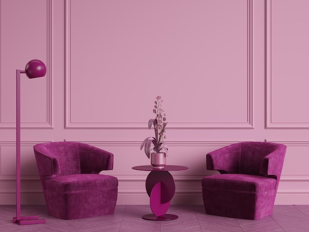 Pink interior conceptClassic furniture in classic interior with copy spaceWalls with ornated mouldingsFloor parquetDigital Illustration3d rendering