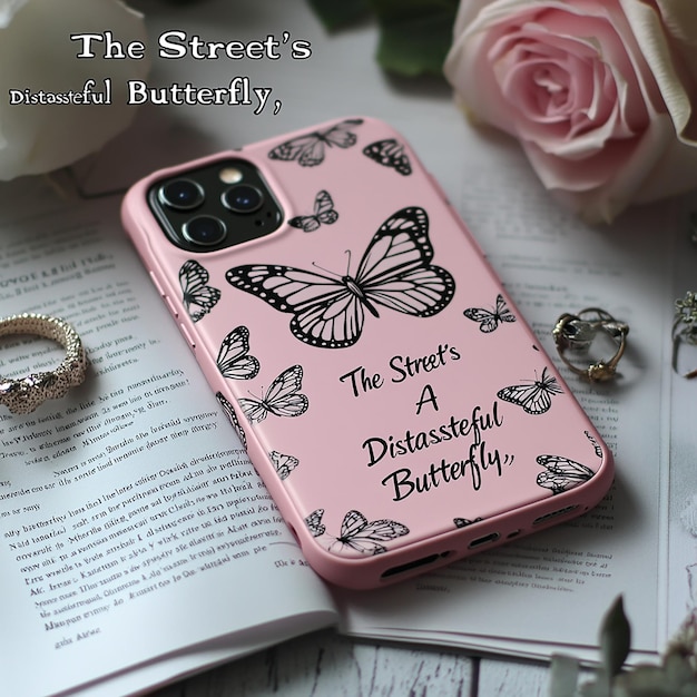 Photo a pink iphone case with black and white butterfly illustrations on it placed next to the text the