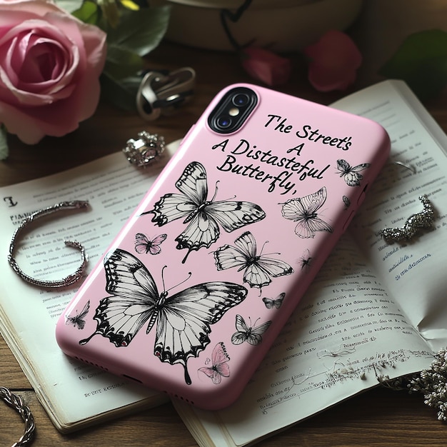 Photo a pink iphone case with black and white butterfly illustrations on it placed next to the text the