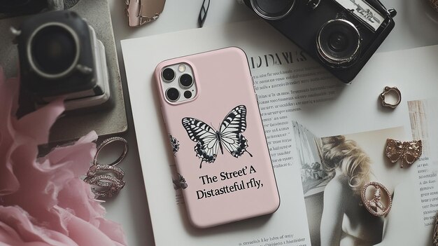 Photo a pink iphone case with black and white butterfly illustrations on it placed next to the text the