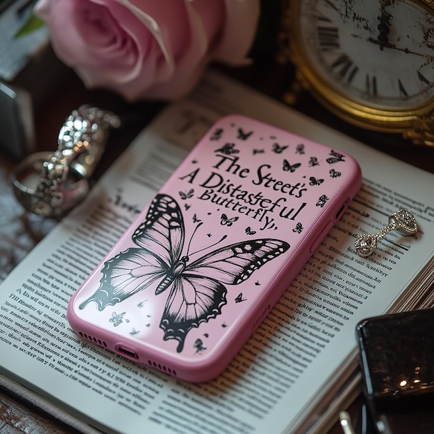 Photo a pink iphone case with black and white butterfly illustrations on it placed next to the text the