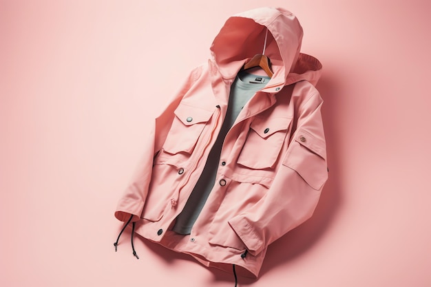 Photo a pink jacket with a hood hanging on a pink background