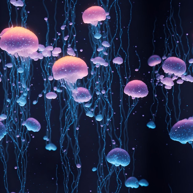 A pink jellyfish is surrounded by blue lights generative ai