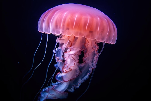 A pink jellyfish is in the water.