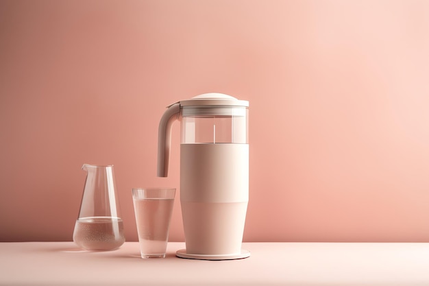 A pink jug with a clear glass next to it