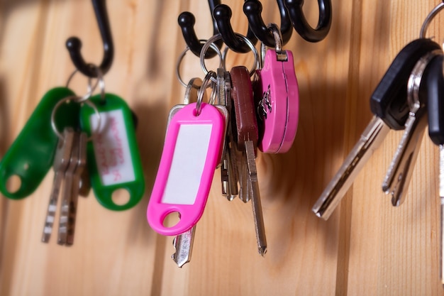 Pink keychain with copy space and keys on hooks in hallway wooden wall as backdrop many other keychains around low depth of field