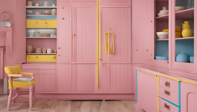 a pink kitchen with a yellow cabinet with a yellow shelf