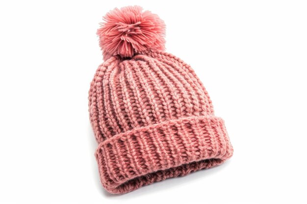 A pink knit beanie with a fluffy pom pom isolated on a white background