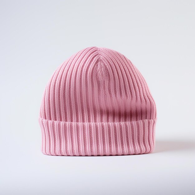 Photo a pink knitted beanie hat with a white background