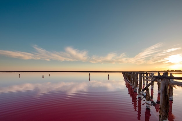 Pink lake and sandy beach with a sea bay