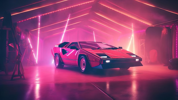 A pink lamborghini gtr in a neon light