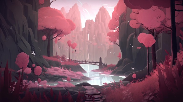 A pink landscape with a bridge and a person standing in the middle of a forest.