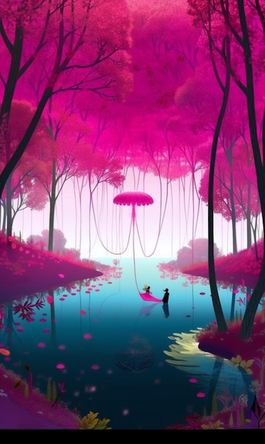 A pink landscape with a girl on a swing