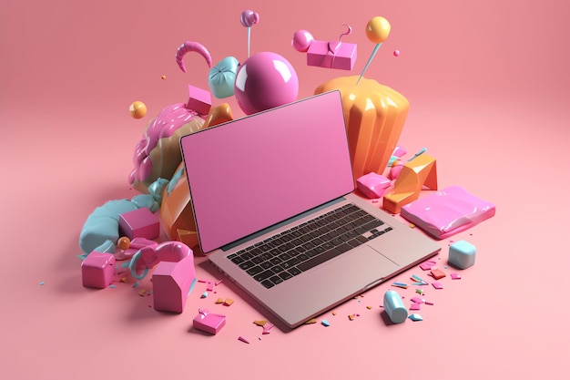 A pink laptop is surrounded by other objects and a bunch of candy.