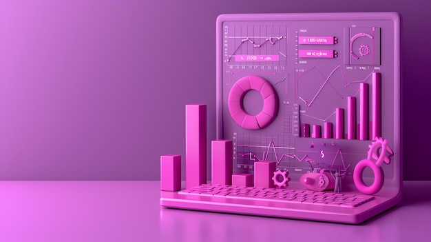 Pink laptop with 3D graphs and charts