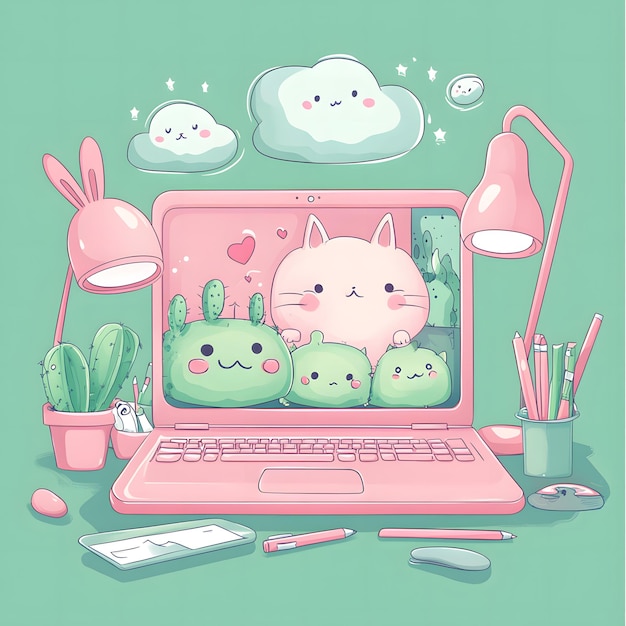 Photo a pink laptop with cute characters and desk supplies