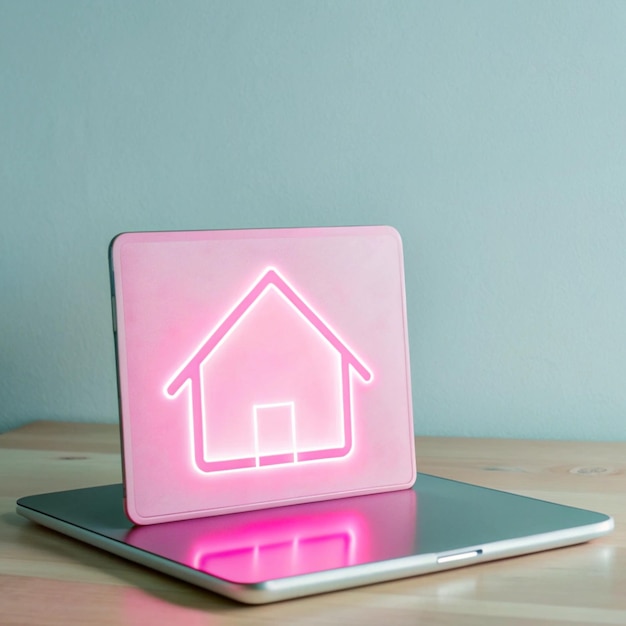 a pink laptop with a house on the screen