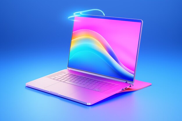 Photo a pink laptop with a rainbow colored screen that says rainbow on it