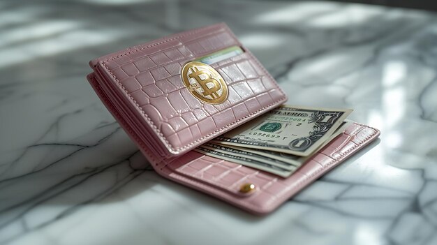 Pink Leather Wallet with Bitcoin Logo and US Dollars on Marble Surface Finance and Cryptocurrency