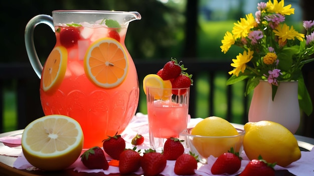 Pink lemonade with lemon lime and strawberries