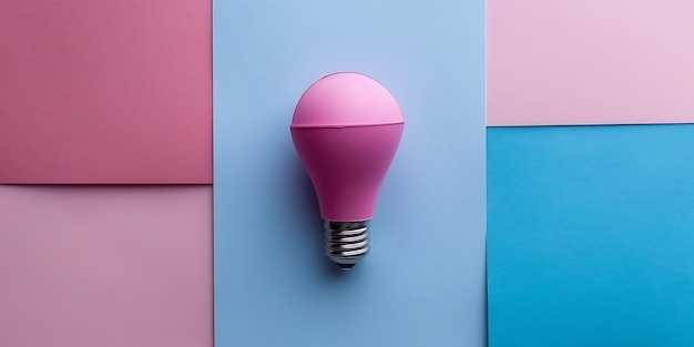 a pink light bulb hangs on a blue wall