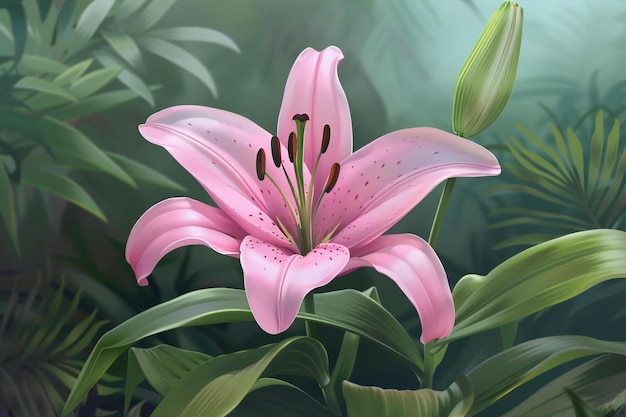 Pink lily flower on a background of tropical plants illustration