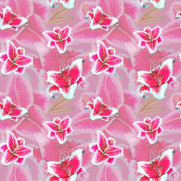 Pink lily pattern illustrationhand drawingThe drawing is made with alcohol markers