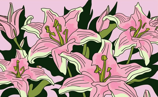 A pink lily with green leaves on it