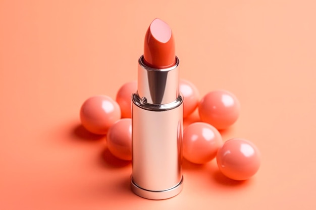 Pink lipstick on coral background with pink pearls