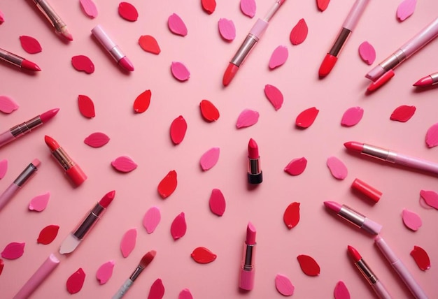 a pink lipstick set with pink hearts on a pink background