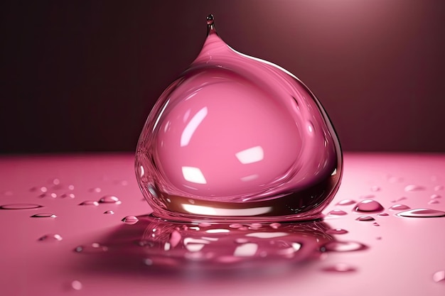 Pink liquid droplet with water droplets