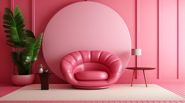 Photo pink living room interior with red leather armchair standing on round carpet