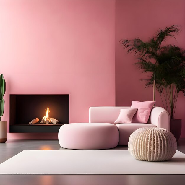 Photo a pink living room with a fireplace and a potted plant