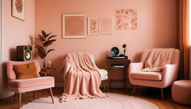 a pink living room with pink chairs and a pink chair with a pink blanket on it