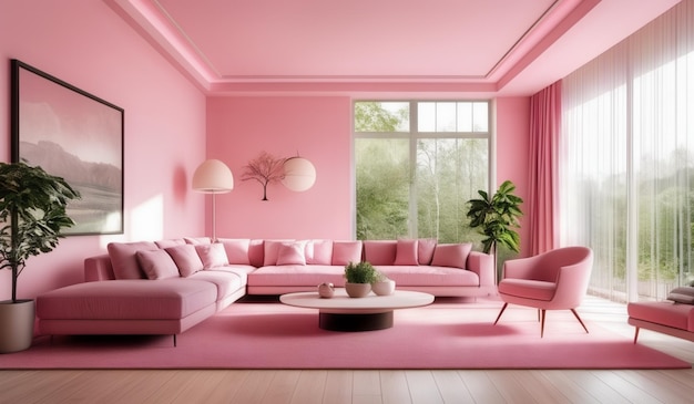 a pink living room with a pink couch and a coffee table